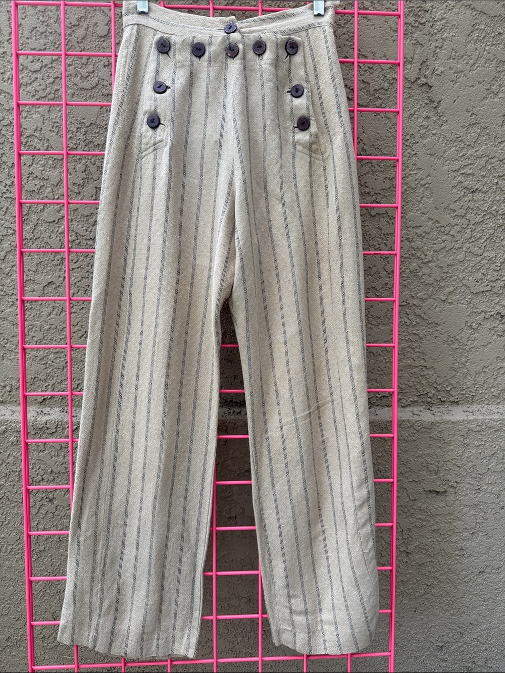 Cach’e Vintage High-Waist Striped Button-Front Linen Trousers in Tan and Black